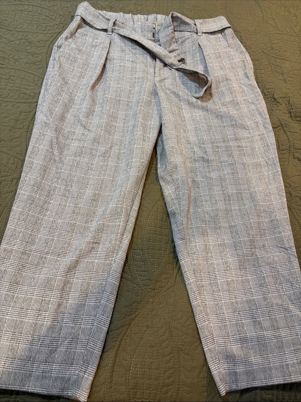 a new day Gray Plaid High-Rise Trousers with Self Tie Belt